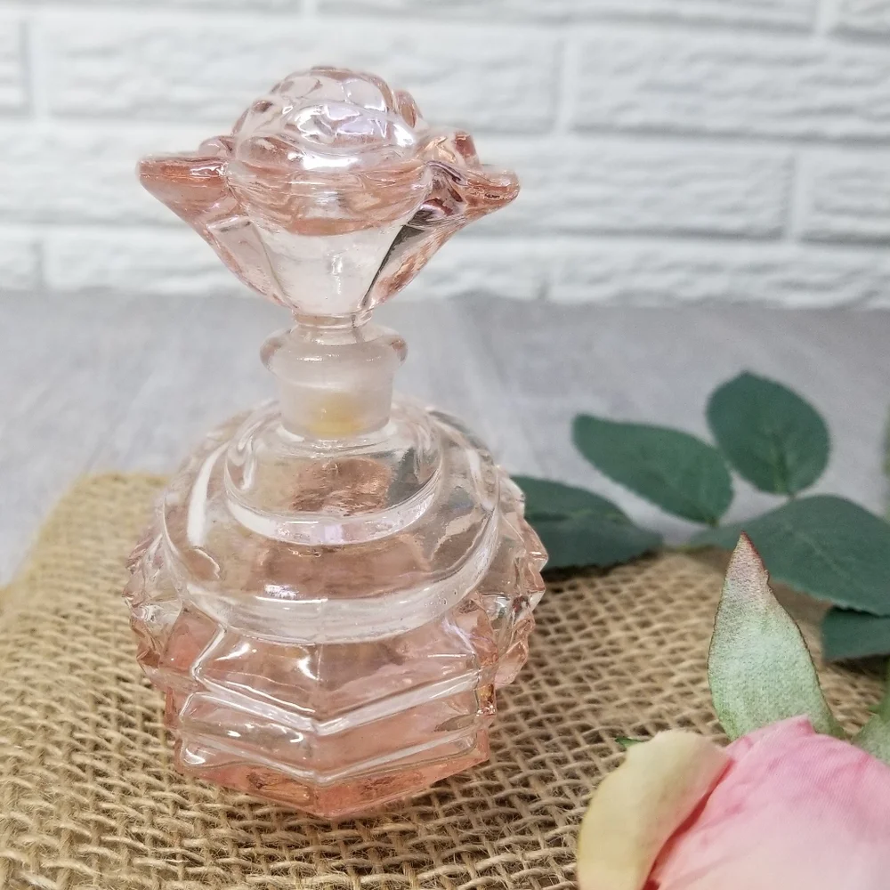Vintage Pink Glass Perfume Bottle With Rose Stopper - Picture 4 of 16